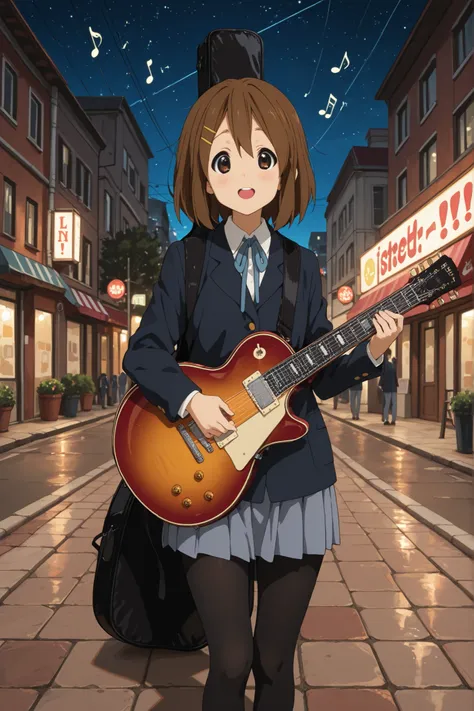 1girl, hirasawa yui, strawberry, listen!!, guitar case, collared shirt, instrument case, holding instrument, blush, hair clip, sakuragaoka school uniform, blazer, instrument, short hair, long sleeves, shirt, acoustic guitar, electric guitar, skirt, smile, ...