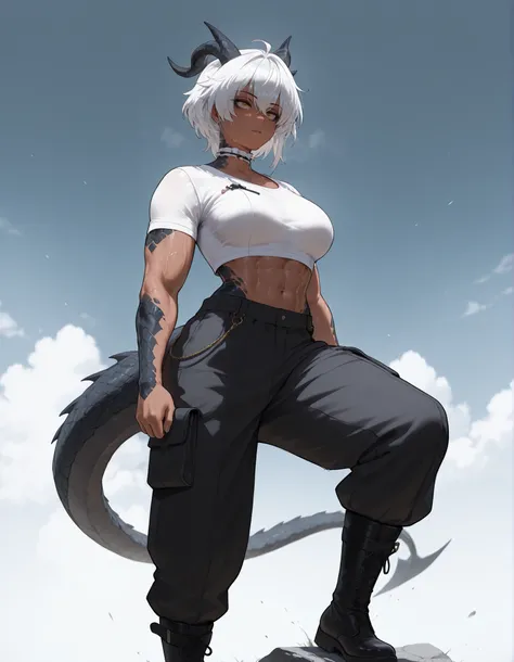 masterpiece, best quality, amazing quality, very aesthetic, absurdres, newest, scenery, extreme detail, 8k, detailed eyes, yellow eyes, athletic, scalie arms and neck, dragon horns, solo, extremely detailed scales, short spiky white hair, short hair, dark ...
