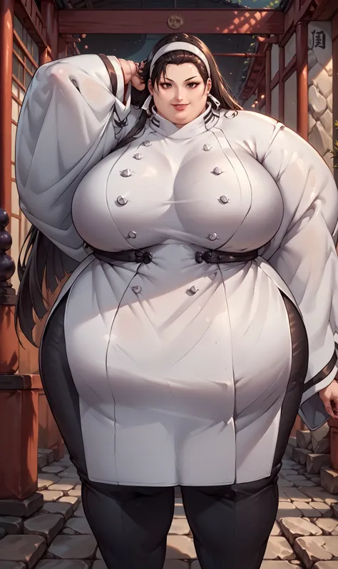 score_9, score_8_up, score_7_up, score_6_up, source_anime, BREAK masterpiece, ChizuruKOF, hair slicked back, long hair, white hairband, japanese clothes, belt, wide sleeves, black pants, shrine, breasts, smile, parted lips, adjusting hair, looking at viewe...