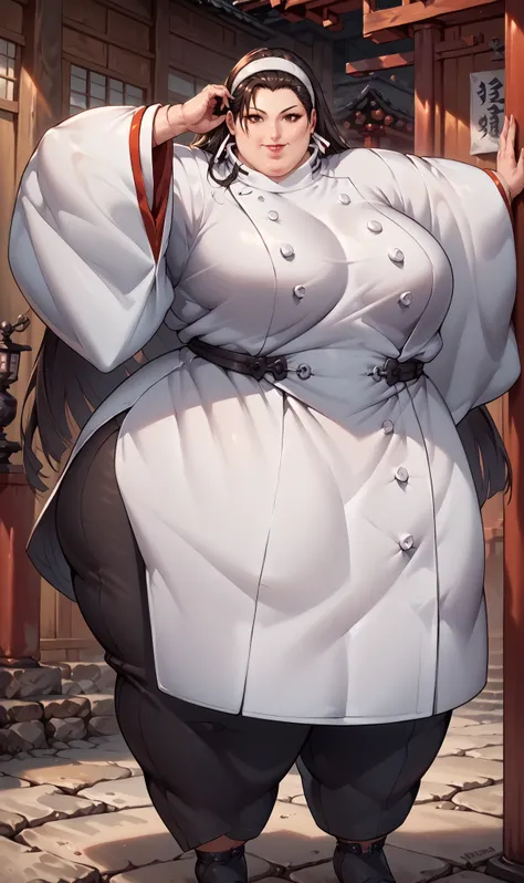 score_9, score_8_up, score_7_up, score_6_up, source_anime, BREAK masterpiece, ChizuruKOF, hair slicked back, long hair, white hairband, japanese clothes, belt, wide sleeves, black pants, shrine, breasts, smile, parted lips, adjusting hair, looking at viewe...