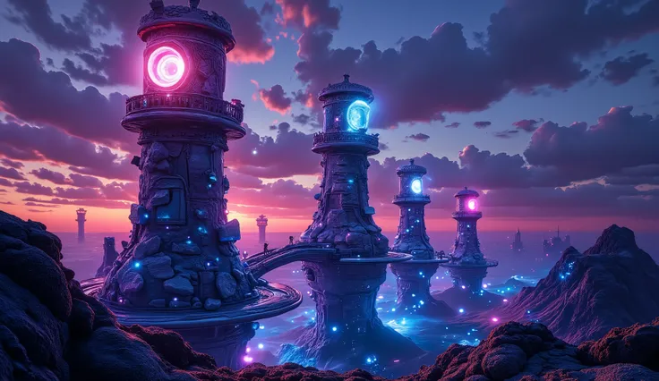 Surreal floating alien castles in a twilight sky realm, twin suns glowing behind gravity-defying towers, electric blue highlights and glowing red cores, wheat-toned stone bridges twisting into the air, inspired by H.R. Giger and Roger Dean, magical realism...
