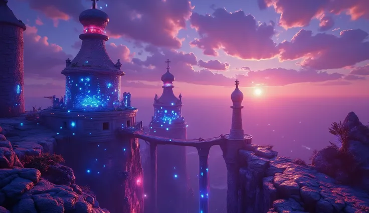 Surreal floating alien castles in a twilight sky realm, twin suns glowing behind gravity-defying towers, electric blue highlights and glowing red cores, wheat-toned stone bridges twisting into the air, inspired by H.R. Giger and Roger Dean, magical realism...