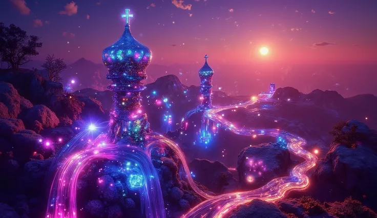 Epic fantasy sci-fi fusion landscape, ethereal castles levitating above magnetic fields, glowing energy pulses flowing through color-infused structures, dark candy apple red accents, soft surreal twilight with twin suns, dramatic underlighting, surrealist ...