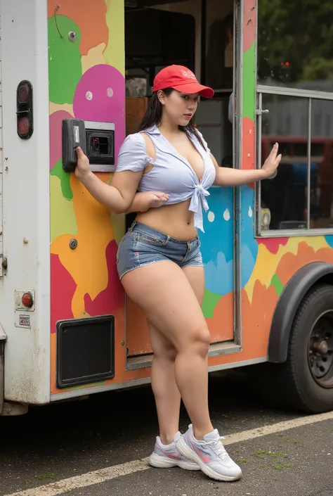 Leaning against a colorful delivery truck, her micro denim shorts ride high on her hips, emphasizing her thick thighs. Her cropped uniform shirt is tied just below her chest, revealing a peek of her sports bra and toned stomach. A bright cap and chunky sne...