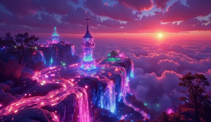 Epic fantasy sci-fi fusion landscape, ethereal castles levitating above magnetic fields, glowing energy pulses flowing through color-infused structures, dark candy apple red accents, soft surreal twilight with twin suns, dramatic underlighting, surrealist ...