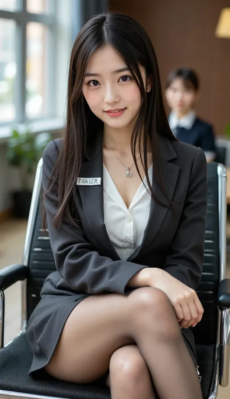Highest Quality, Sleek long black hair , Professional Office Lady with Long Dark Hair, is sitting in a chair with her legs crossed, The height of the chair is 60cm, detailed eye and skin textures, studio lighting, 30 years old, dark eyes, elegant, med...