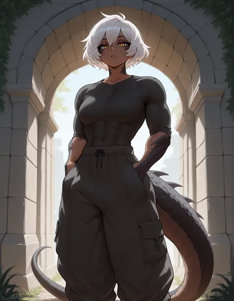masterpiece, best quality, amazing quality, very aesthetic, absurdres, newest, scenery, extreme detail, 8k, detailed eyes, yellow eyes, by Riolutiny, female, scalie arms and neck, solo, tall, extremely detailed scales, short spiky white hair, short hair, d...