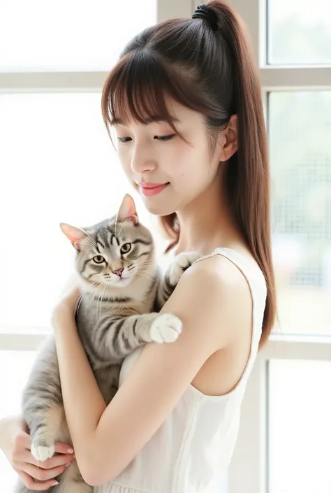 Create a serene and captivating photo collection featuring a beautiful Japanese idol girl. She has fair skin, long straight hair styled in a ponytail with bangs. She is wearing a delicate white dress, set against a bright white room with a white grid windo...