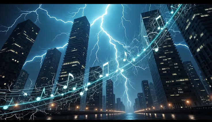 The notes surround skyscrapers,Let the melody flow through the city, storm with strong lightning illuminating the night sky.