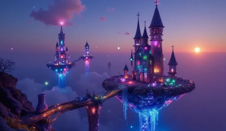 Surreal floating alien castles in a twilight sky realm, twin suns glowing behind gravity-defying towers, electric blue highlights and glowing red cores, wheat-toned stone bridges twisting into the air, inspired by H.R. Giger and Roger Dean, magical realism...