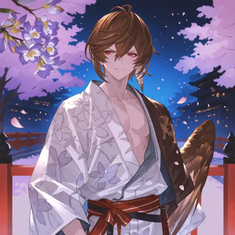 , colored art, tsundere, high quality eyes, white yukata, yukata_with_feathers_pattern) japanese spring, sakura tree everywhere, japanese lanters, night, standing, muscolar body, sexy male, gbfpxnl, {{character}} \(granblue fantasy\) ,Brown hair, one bro...
