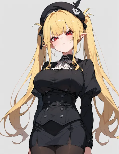 girl,Yellow-haired,In the red eye,Pointed ears,Tights,Gothic ta,black skirt,long hair,big breasts,cute,black beret,Milf,,upset,slim,,double ponytail,twin tails hair,gray background