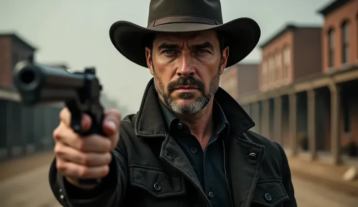 (Man), (42 years old), ("JC"), (Decín, Italian), (Black hair), (Robust face and stubble, stoic expression),( Firm jaw, (Blue eyes), (Strong face, ), photorealism, 35mm film style, shallow depth of field, ultra-detailed textures on his clothes and gun, dust...