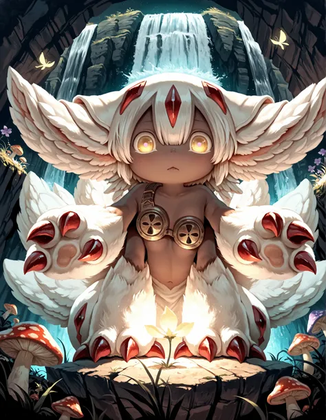 [by Manino \(Mofuritaionaka\):realistic:0.65], [:by Rei \(Sanbonzakura\):0.65],, solo, faputa,dark-skinned female, white hair, extra arms, white fur, multiple tails, claws, looking down at viewer, under surface view, low-angle view, reaching towards viewer...