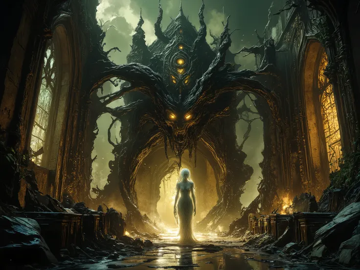 The ghost of a beautiful girl and the sulfuric bone dragon protecting her at night in the ruins of a church