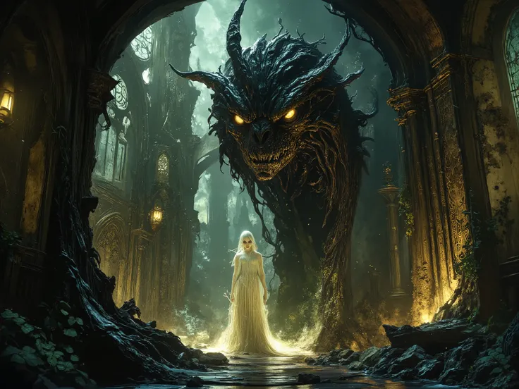 The ghost of a beautiful girl and the sulfuric bone dragon protecting her at night in the ruins of a church
