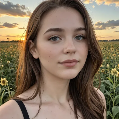 A candid portrait of a beautiful young Norwegian woman standing in a field under a cloudy sky, captured with natural outdoor lighting. Ultra-high definition, richly detailed textures, lifelike skin tones, fine hair strands visible, shot with a DSLR at f1.4...