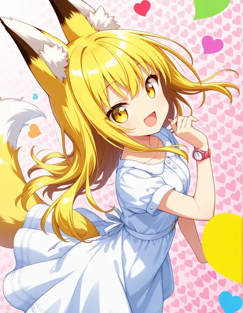 (masterpiece, Highest Quality), (colorful),One Girl, fox ears,fox tail,yellow long hair,yellow eyes, best smile,open your mouth,heart background,Spring Outfits,cute dress, super precise illustration, detailed , dynamic angle, 美しいdetailed, 8k, (high resolut...