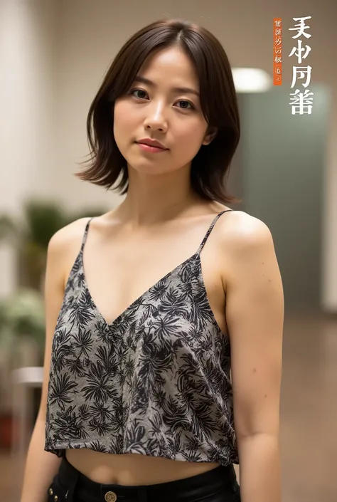 Beautiful woman with short hair in an overwhelmingly beautiful camisole、active pose