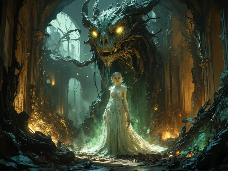 The ghost of a beautiful girl and the bone dragon protecting her in the ruins of the church