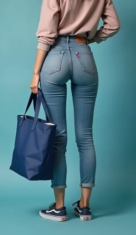 Close-up in ((diagonal)) back position of a skinny woman standing, wearing Levi's® jeans and (((Vans® sneakers model ultrarange))), holding a basic blue cooler bag, Simple bag e reta, thermal bag with tote bag size, Simple bag, Ecological sabota, nylon the...