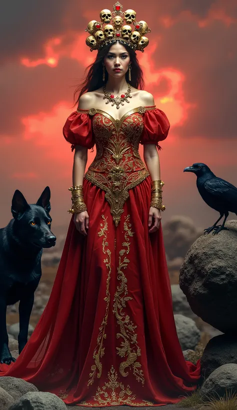 an imposing woman, the Queen of the Seven Crossroads, in an ancient crossroads setting at dusk, under a dramatic, reddish sky. She wears a magnificent deep red dress with finely detailed gold embroidery, that move gently in the wind. Her skin has a subtle ...