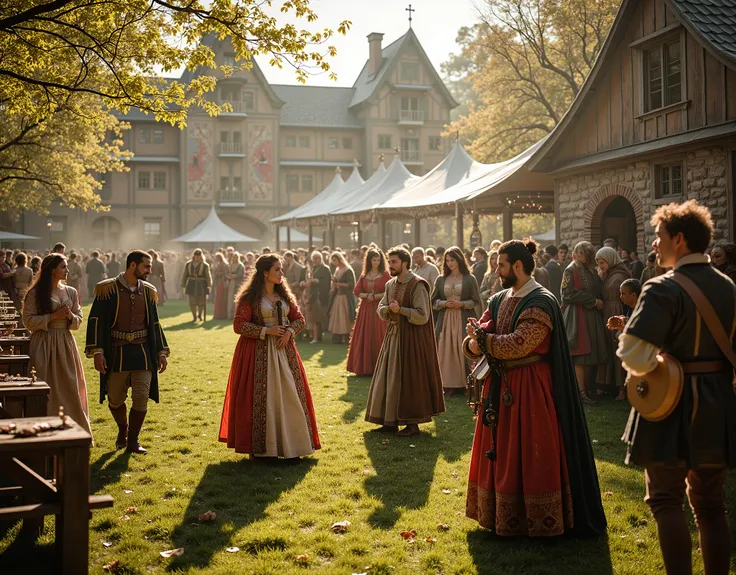 Capture an ultra-realistic, cinematic image of a medieval outdoor spring festival in the afternoon. The scene, shot with a wide-angle lens, should portray shallow depth of field and natural soft bokeh around fluttering spring blossoms and sunlight reflect...