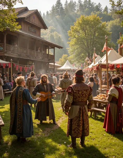  Capture an ultra-realistic, cinematic image of a medieval outdoor spring festival in the afternoon. The scene, shot with a wide-angle lens, should portray shallow depth of field and natural soft bokeh around fluttering spring blossoms and sunlight reflect...
