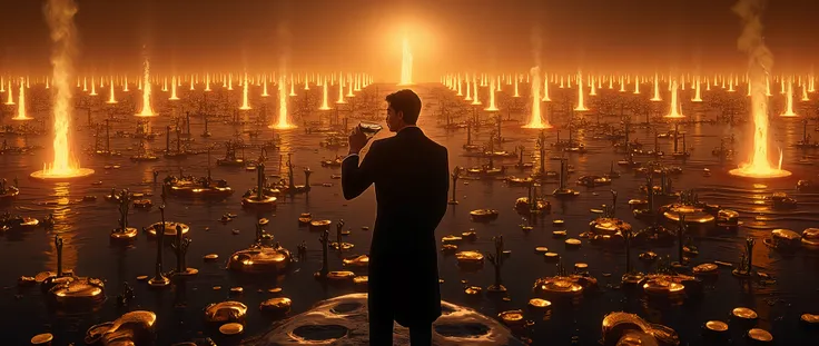 Imagine a vast and dramatic scene of a vast sea of ​​oil, with countless points gushing dark, viscous oil. Scattered across the surface are millions of shiny gold coins that reflect the light, creating a striking contrast with the oil. Among the coins, doz...