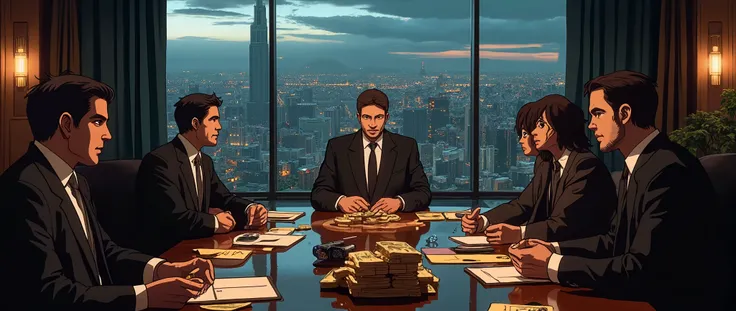 Imagine a large business table perched atop a tall building, offering a commanding view of the surrounding city. On the table is a large pile of cash in various currencies, including dollars, Russian rubles, euros, Brazilian reais and renminbi, creating an...