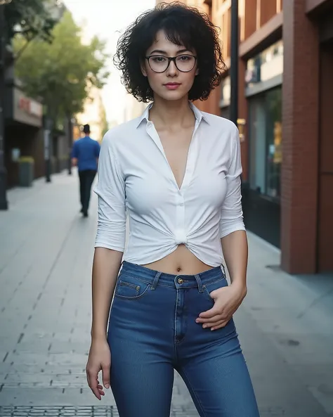 in a city street a beautiful model, a delicate but narrow face with a few freckles, body with wide hips and a small but perfect breast, glasses, a low-cut white men's shirt, you can see the navel, with short black hair a little curly, brown eyes, tight blu...