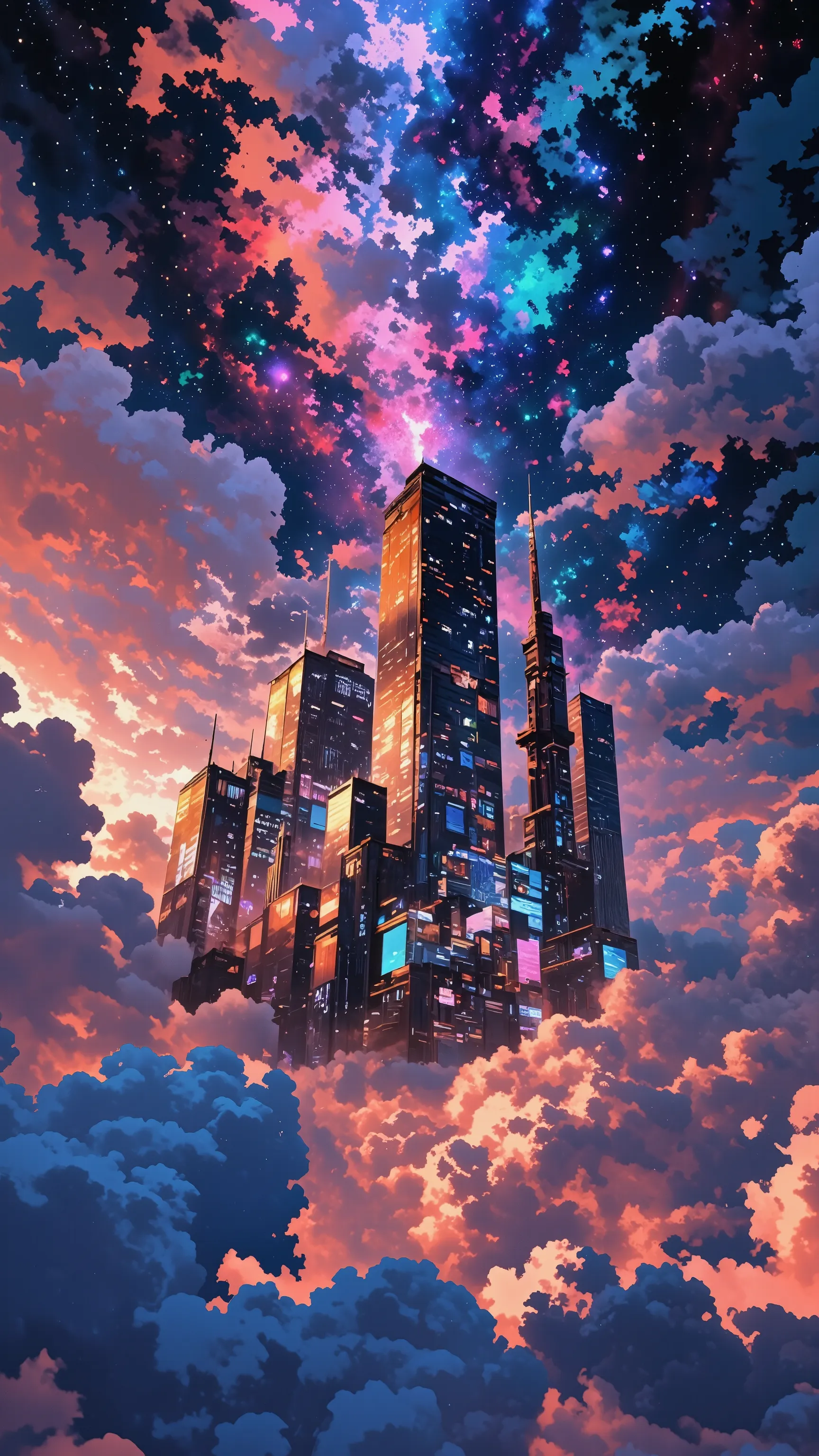 Otherworldly space、Close to space、 City in the Clouds 、Lost City Pictures、picturesque background、city floating city emerging from clouds、Digital image 、near future、high resolution background glowing city buildings、A dreamy city above the clouds、非常に詳細なDigit...