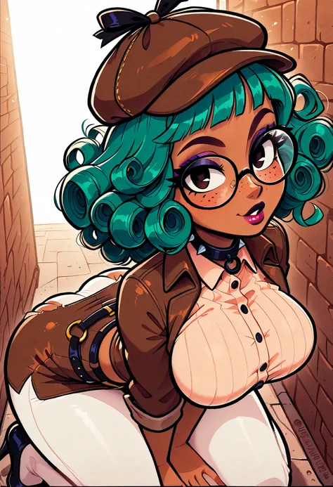 masterpiece, best quality, very aesthetic, absurdres, safe, (masterpiece), 1girl, solo, best quality, expressive eyes, perfect face, newest, perfect anatomy, flawless face, dark skinned African female with big curly hair and glasses, 1950s crime noir, sepi...