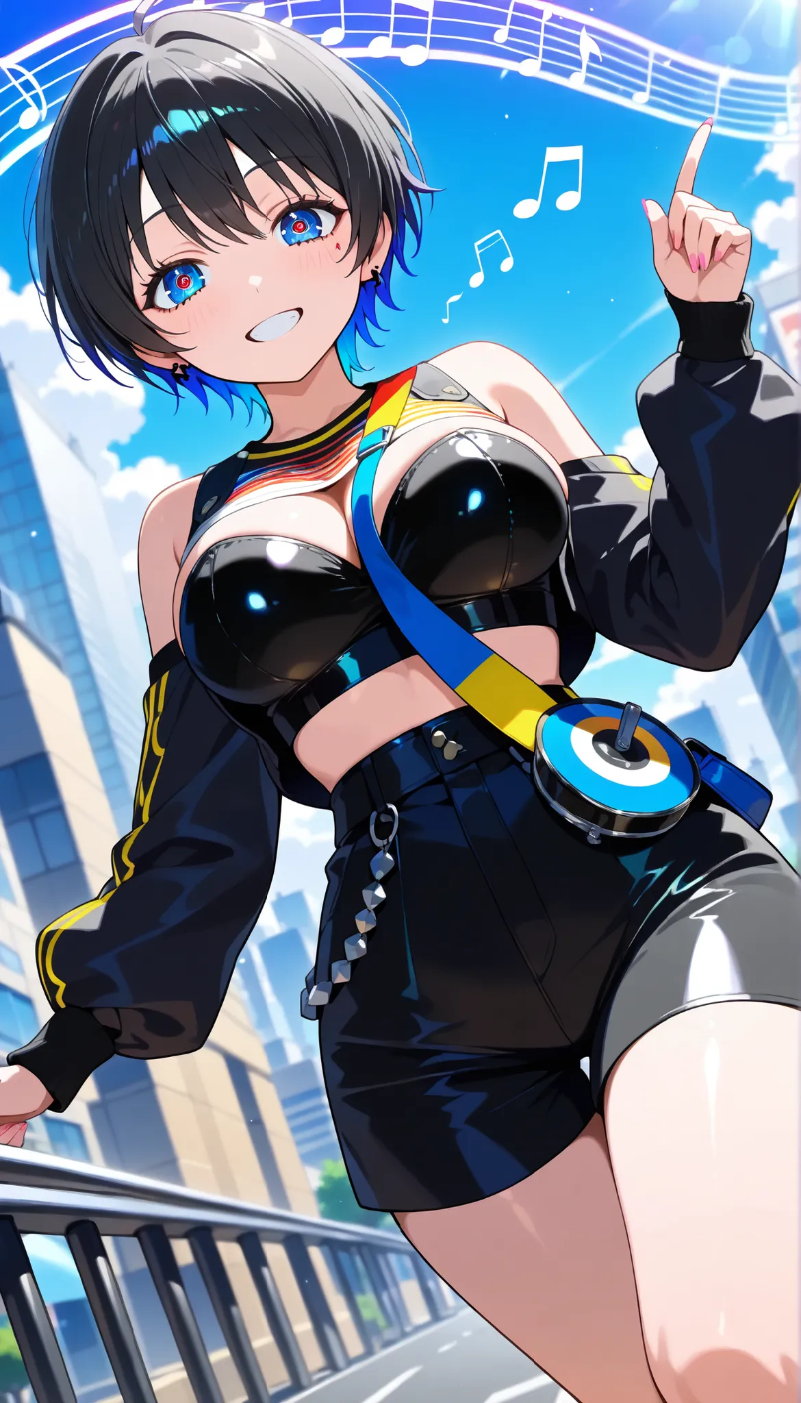(The city spun by musical notes:1.5), (Beautiful girl busty street musician:1.5), (Black short hair:1.5)