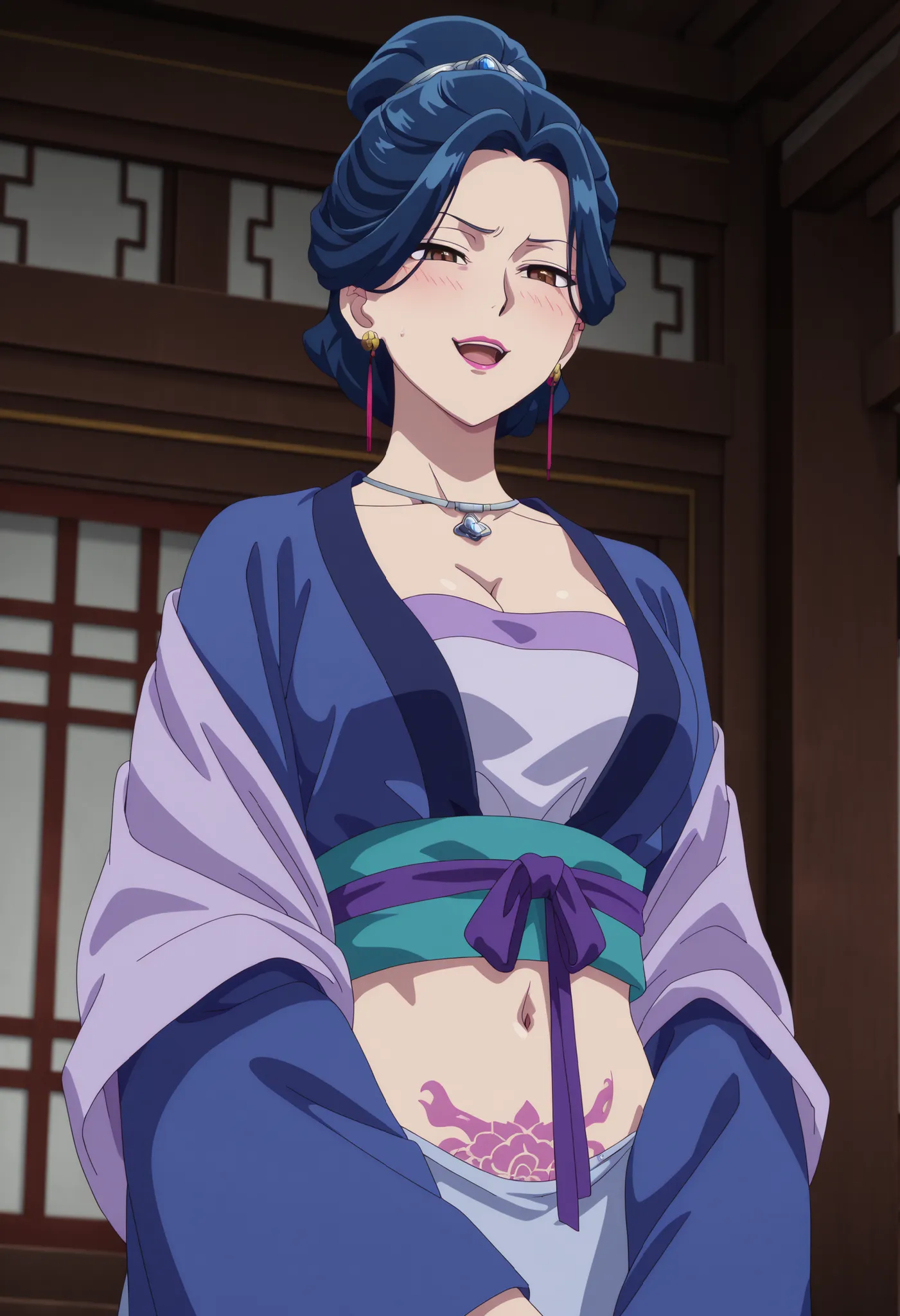 1girl,solo,mm,mature female,earrings,brown eyes,blue hair,lipstick,,single hair bun,hair ornament,large breasts,anime coloring,
necklace,hanfu,japanese clothes,sash,, open mouth, cowboy shot, indoors
,masterpiece,best quality,amazing quality, , ear pierci...
