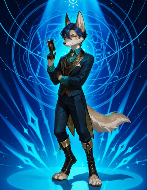 solo, posing, 1boy furry jackal, furred, dark blue hair, short hair, beige fur, suit, astral, holding card, aventurine, yellow eyes, boots, digitigrade, toes, paws
