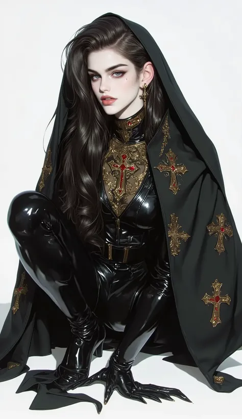This is a surreal watercolor painting, digital illustration of a sexy young nun wearing a striking,  ethereal appearance.  She has porcelain skin with subtle , Natural shine , and its long ,  Silky black hair cascades down her  . Her facial features are de...