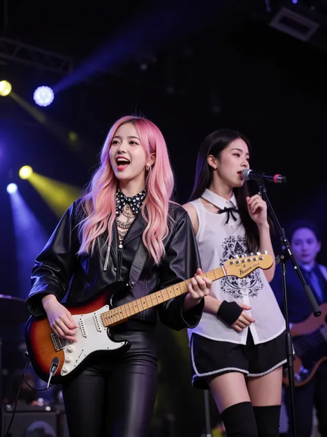 On the stage of a small live music club, Two young cute Japanese women in a gothic-ta fashion on pink hair, and white-ta fashion on black hair plays bass guitar while they both smile and sing loudly.