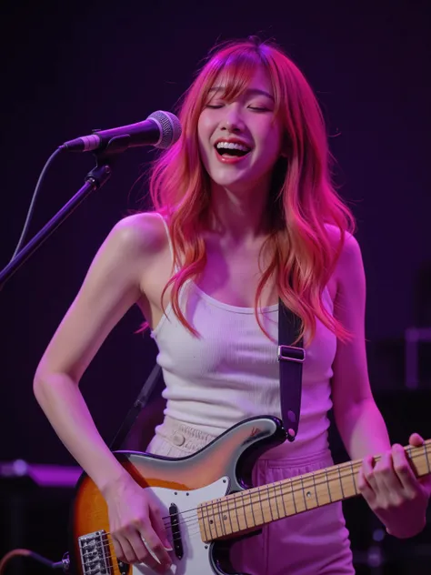 On the stage of a small live music club, a young cute Japanese woman in a gothic-Lnk hair and white ta fashion plays bass guitar while they both smile and sing loudly.