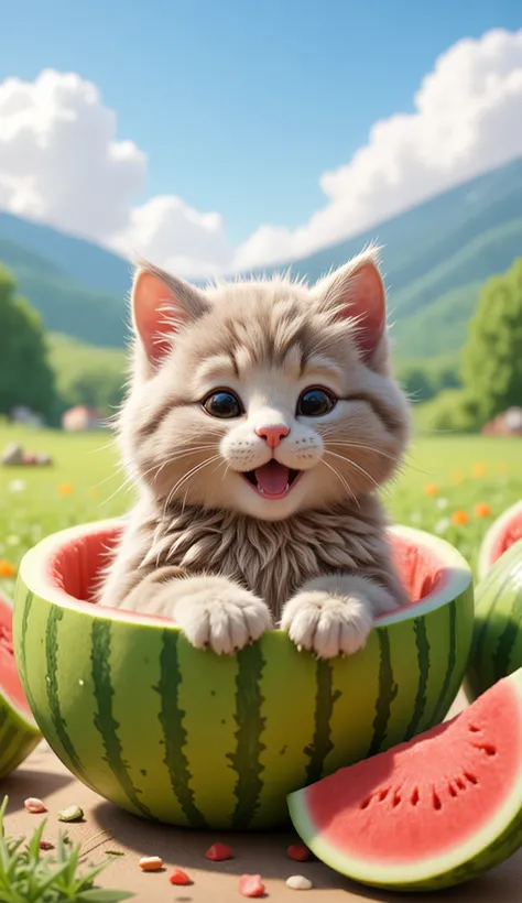 A highly detailed and realistic illustration of a fluffy, slightly greenish-gray kitten sitting inside a perfectly carved watermelon. The kitten is yawning widely, showing tiny teeth and a pink tongue. The scene is set in a bright, sunny open field with di...