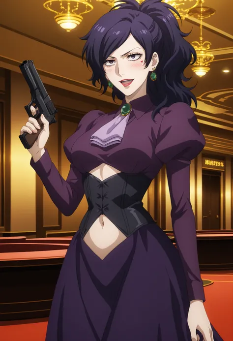 score_9, score_8_up, score_7_up, source_anime,  holding weapon, holding gun, handgun, ,, solo, 1girl, ushiromiya natsuhi, serious, ponytail, purple dress, brooch, ascot, corset, juliet sleeves, , ear piercing, long hair, blush, lipstick,Hot girl, baddie, s...