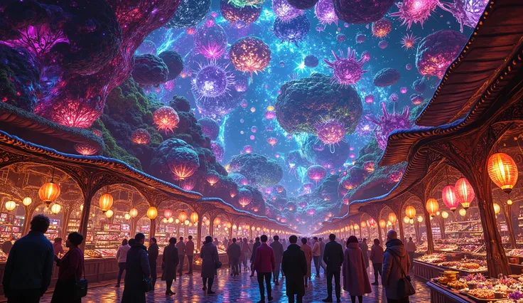 Vibrant alien bazaar under a luminous multicolored sky, lively market stalls bursting with mystical artifacts and advanced technology, crowds of strange travelers in vivid costumes, glowing lanterns swinging gently, dreamy bioluminescent flora, ultra-detai...