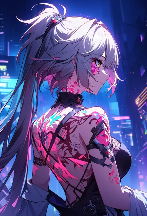Rappa Drom Honkai Star RailCyberpunk、Artistic anime illustration of a girl adorned with thick, glowing neon dragon tattoos on her body and face。The tattoo on his back 、Neon glow、The scene has a dreamy, soft-focus effect that accentuates the brilliance of t...