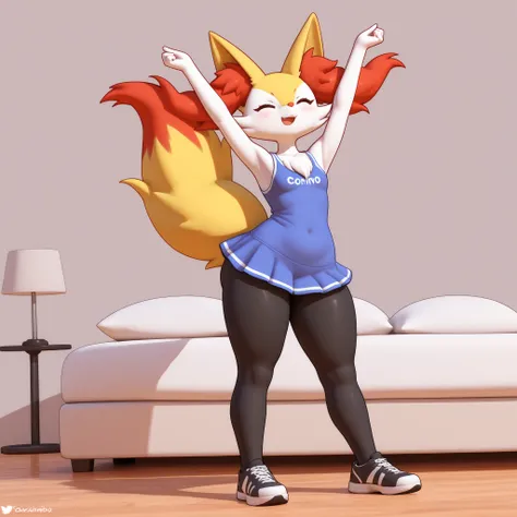 sozinho, score_9,score_8_acima,score_7_acima, Anthropomorphic female Braixen, pov, campo, Stretching , exercitando , sorrindo, rubor, black leggings, thick thighs, full body, sorrir, sneakers on the feet, 3D trend