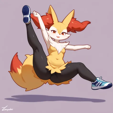 sozinho, score_9,score_8_acima,score_7_acima, Anthropomorphic female Braixen, pov, campo, Stretching , exercitando , sorrindo, rubor, black leggings, thick thighs, full body, sorrir, sneakers on the feet, 3D trend
