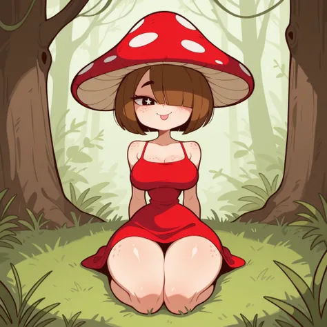 masterpiece, best quality, amazing quality, very aesthetic, absurdres, high res, shiny skin, diives, 1girl, solo, short brown hair, bob cut, blunt bangs, hair over one eye, black eyes, star-shape pupils, freckles, big breasts, narrow waist, wide hips, thic...
