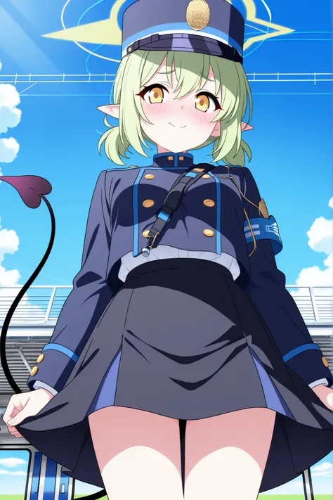Tachibana Hikari from Blue Archive, standing straight with a shy expression,wearing navy blue train,light yellow eyes,conductor-style uniform, navy blue jacket with gold buttons, white shirt, black skirt, light green hair, light green halo above head, blac...
