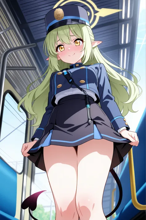 Tachibana Hikari from Blue Archive, standing straight with a shy expression,wearing navy blue train,light yellow eyes,conductor-style uniform, navy blue jacket with gold buttons, white shirt, black skirt, light green hair, light green halo above head, blac...
