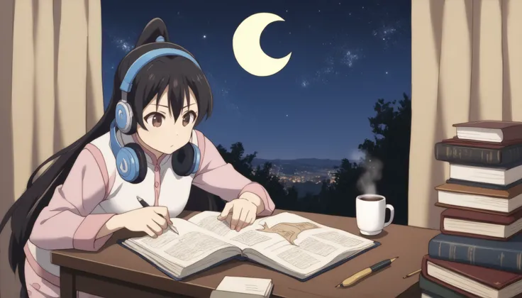 score_9, score_8_up, score_7_up, gsfghtr, multicolored pajamas, neckerchif, black hairs, ((long straight hairs)), 1 girl, solo, night, crescent moon in sky, shooting stars, a book on the desk, flat face, studying on the desk, reading a big book about calcu...