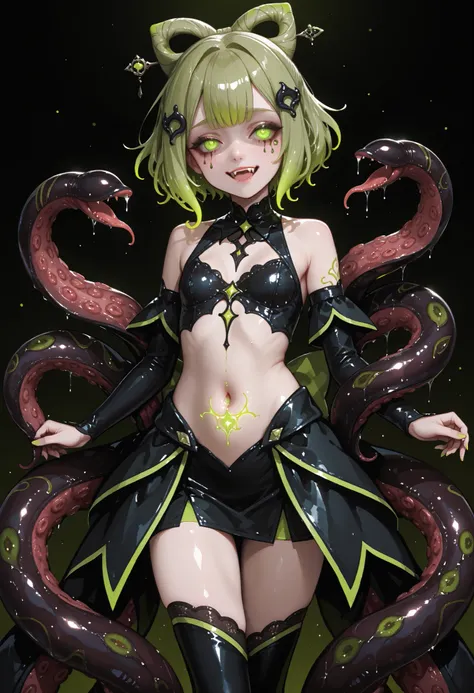 Tentacle girl. Dark style magical girl costume. Yellow-green hair. Short hair. Eye-shaped hair accessory. Droopy eyes. Eye tattoo on navel. Black costume. Leech-shaped tentacles. Tentacles with fangs. Bloodsucker. Glowing sphere on tip of the tentacle. 